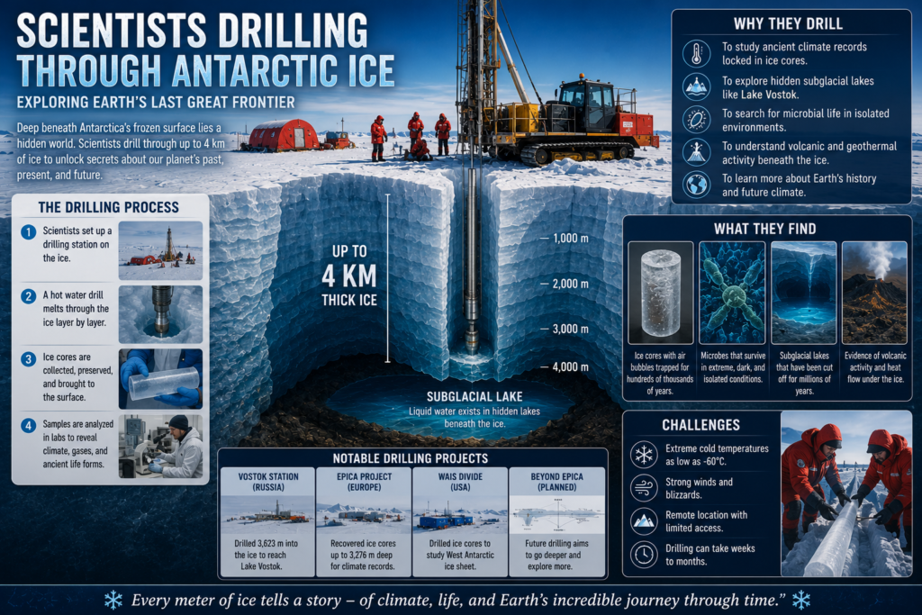 Scientists drilling through Antarctic ice using advanced research equipment to explore subglacial lakes, ancient ice cores, microbial life, and hidden secrets buried beneath Antarctica's 4 km thick ice sheet.