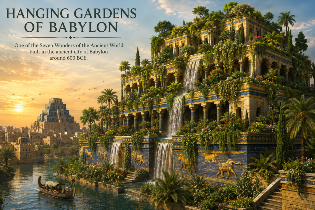 Hanging Gardens of Babylon, one of the legendary Seven Wonders of the Ancient World, featuring lush terraced gardens and cascading waterfalls.