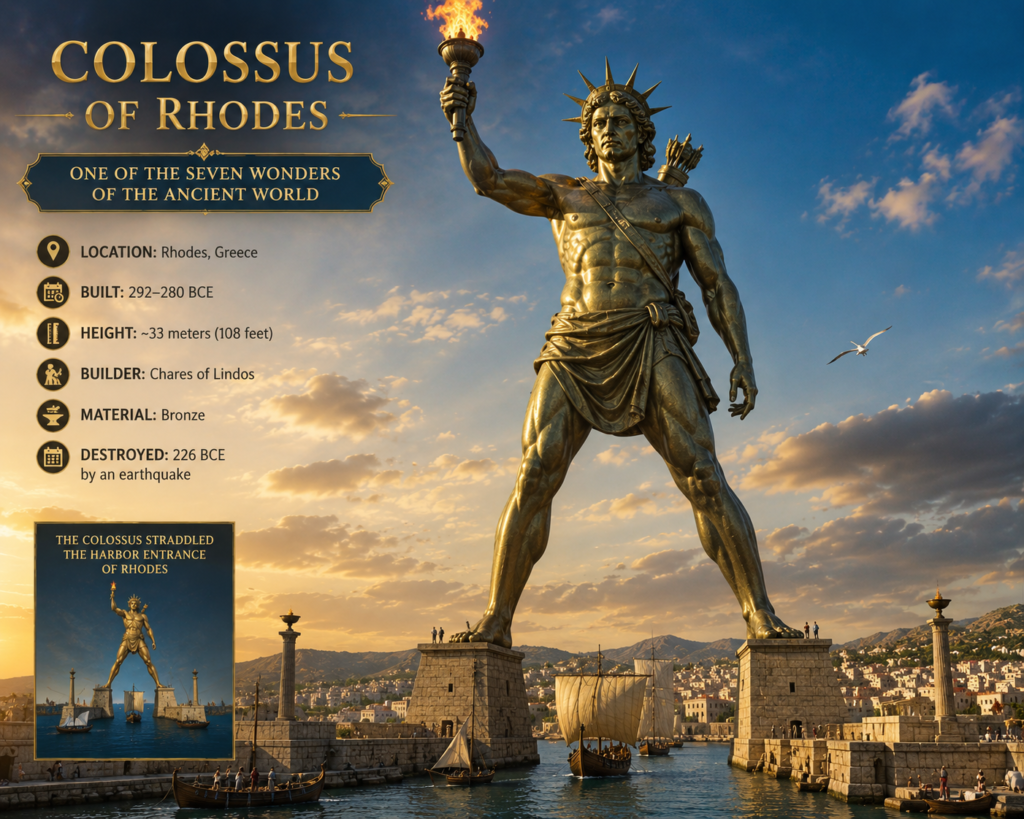 Colossus of Rhodes, the giant bronze statue and one of the Seven Wonders of the Ancient World, overlooking the harbor of Rhodes.