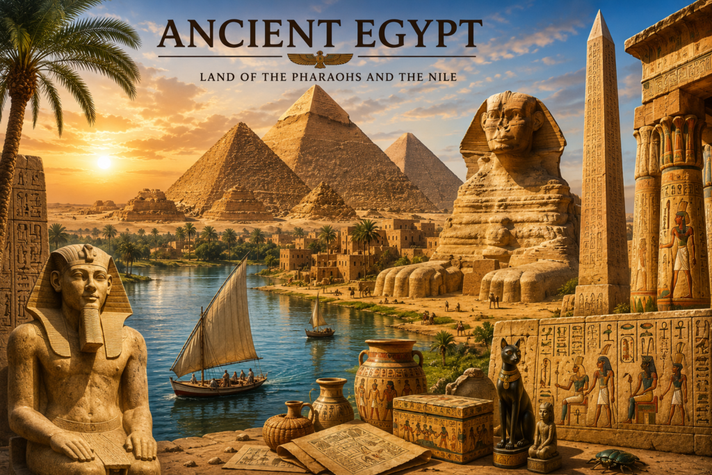 Ancient Egypt featuring the Great Pyramids of Giza, the Sphinx, the Nile River, and Egyptian civilization.
