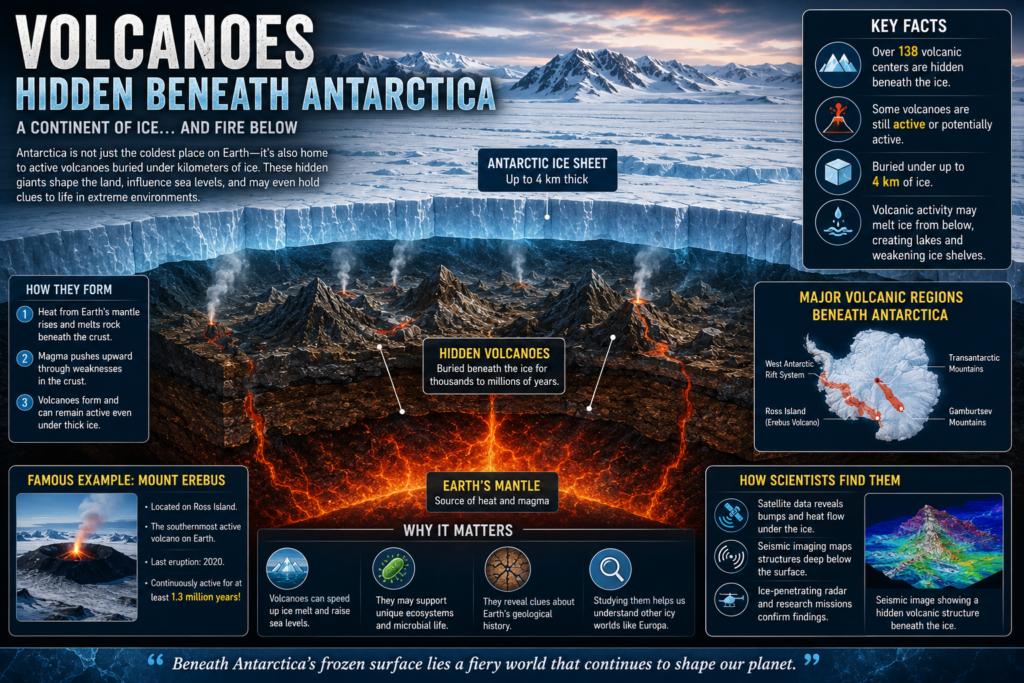 Volcanoes hidden beneath Antarctica showing active and dormant subglacial volcanoes buried under the Antarctic ice sheet, with magma beneath 4 km of ice influencing glaciers and hidden lakes.