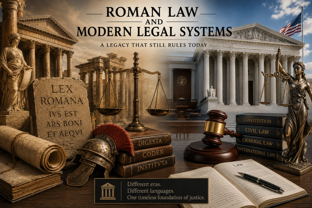 Roman law and modern legal systems showing the lasting influence of Roman legal principles on today's courts and justice