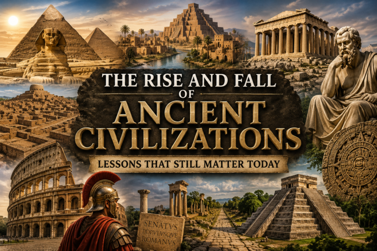 Rise and Fall of Ancient Civilizations featuring Ancient Egypt, Mesopotamia, Indus Valley, Greece, Rome, and the Maya Civilization.