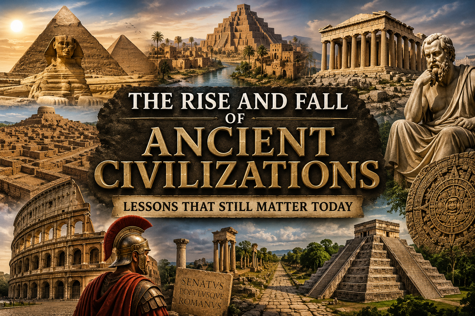 Rise and Fall of Ancient Civilizations featuring Ancient Egypt, Mesopotamia, Indus Valley, Greece, Rome, and the Maya Civilization.