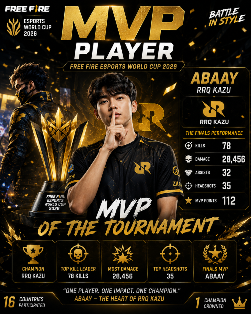 MVP player of the Free Fire Esports World Cup 2026 holding the spotlight after an outstanding performance during the tournament.
