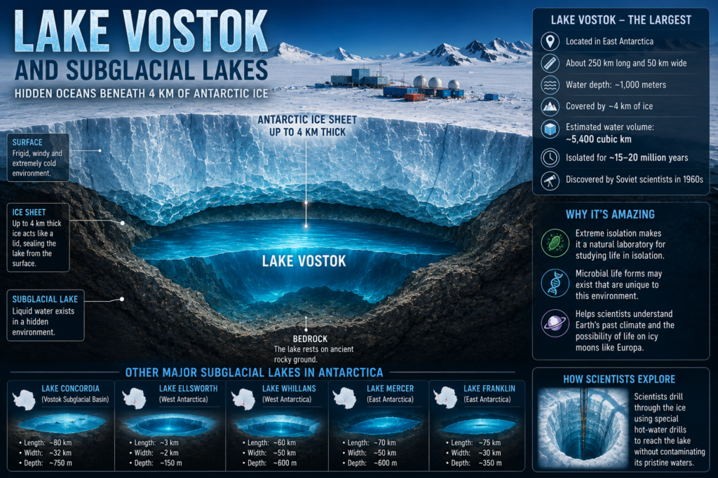 Lake Vostok and subglacial lakes beneath Antarctica showing the largest hidden freshwater lake buried under 4 km of ice along with Antarctica's ancient underground lake system.