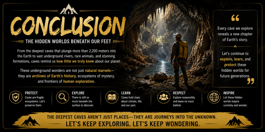 Conclusion banner showing a cave explorer inside a magnificent underground cave, symbolizing the mystery, beauty, and future of exploring the world's deepest caves.