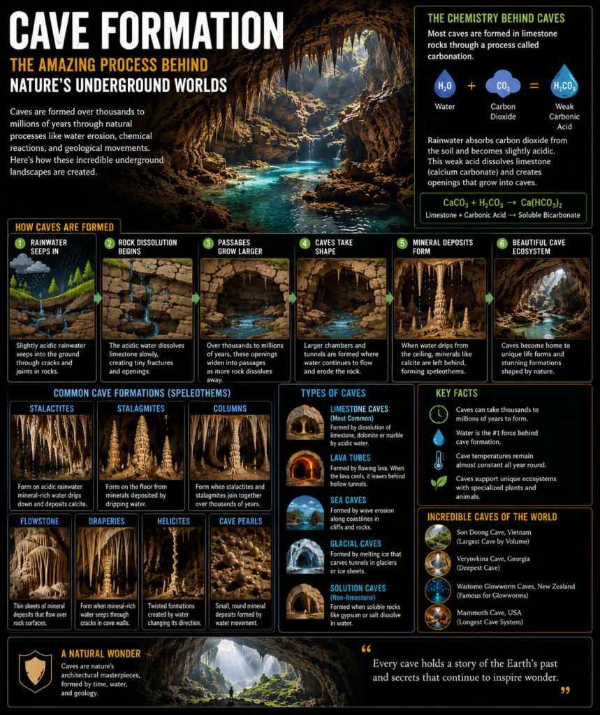 Cave formation infographic explaining how rainwater, limestone, underground rivers, stalactites, stalagmites, and other cave formations develop over millions of years.