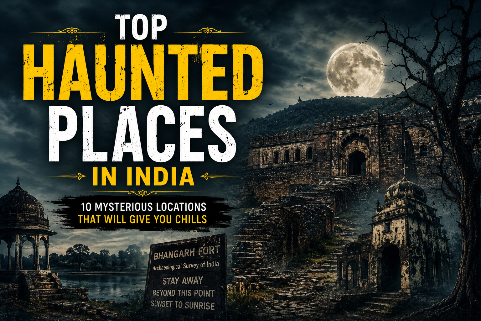 Haunted Places in India featuring a haunted fort, abandoned ruins, full moon, eerie trees, and a spooky night atmosphere inspired by Bhangarh Fort.