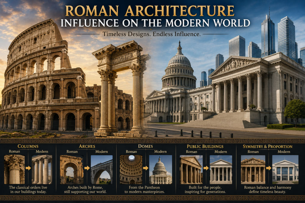 Roman architecture featuring the Colosseum, arches, columns, and domes influencing modern buildings and monuments