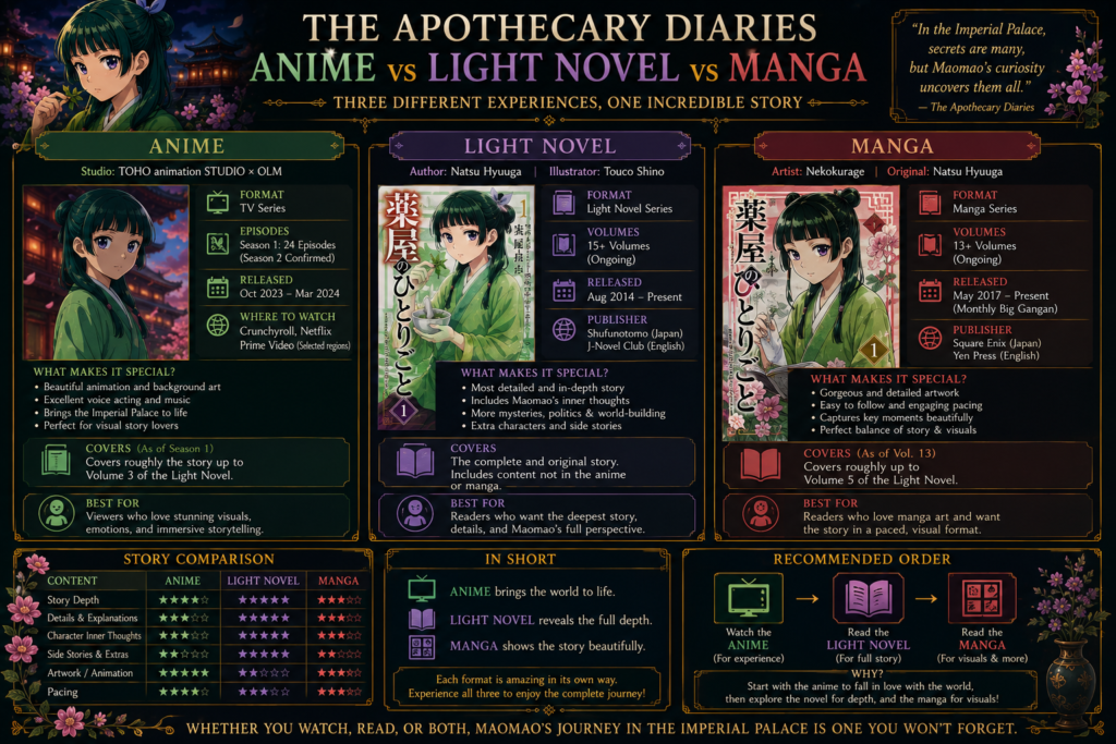 The Apothecary Diaries Anime vs Light Novel vs Manga comparison featuring Maomao, story differences, artwork, pacing, and adaptation comparison.