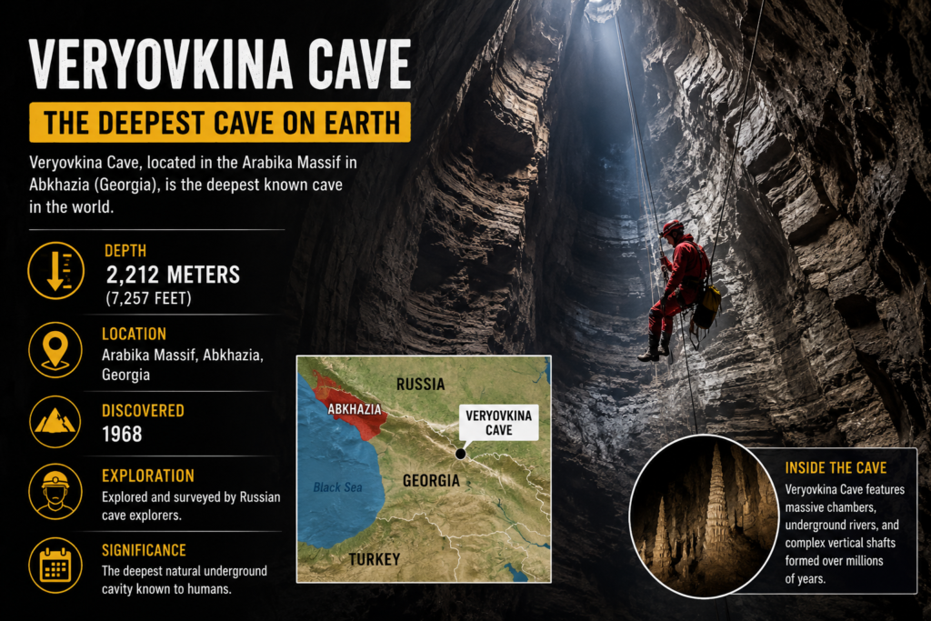 Veryovkina Cave, the world's deepest known cave, showing a cave explorer descending a massive vertical shaft with towering rock formations.