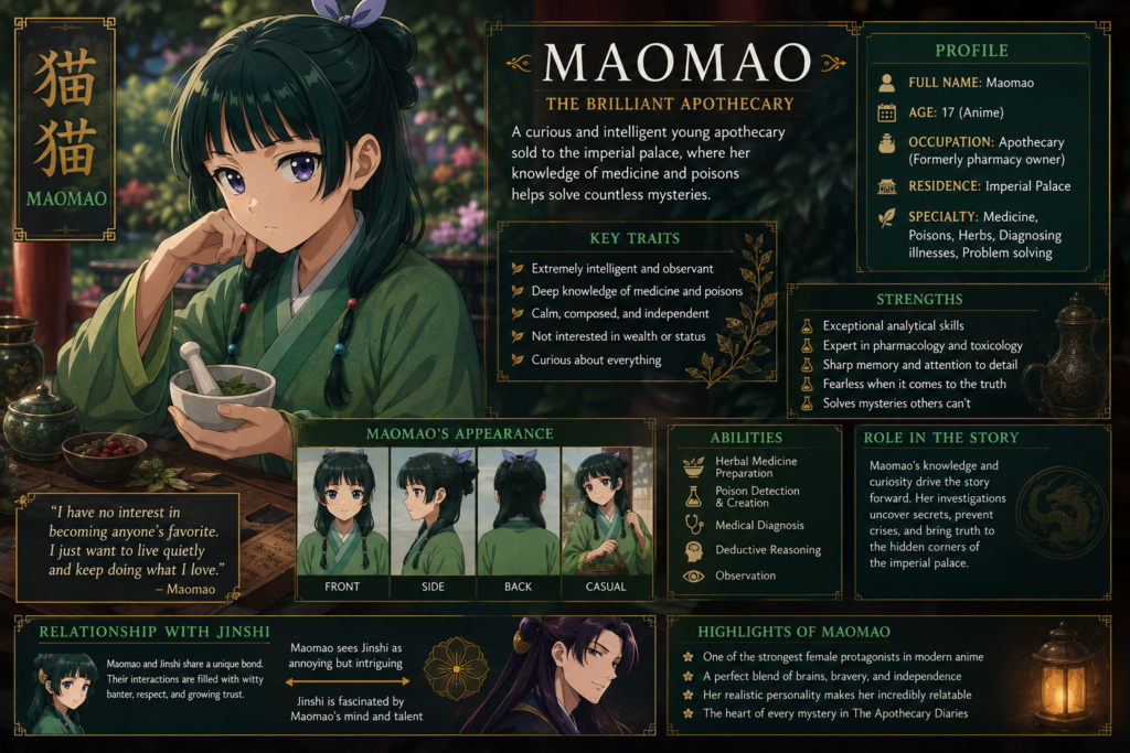 Maomao from The Apothecary Diaries holding herbal medicine in the Imperial Palace, showcasing her intelligence, medical expertise, and investigative skills.
