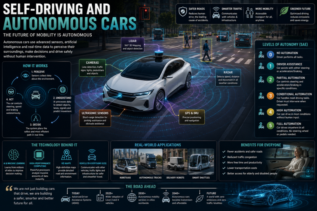 Self-driving autonomous car using LiDAR, cameras, and road sensors in the Evolution of Cars