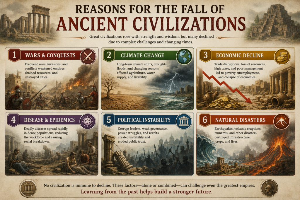 Reasons for the Fall of Ancient Civilizations including wars, climate change, economic decline, disease, political instability, and natural disasters.