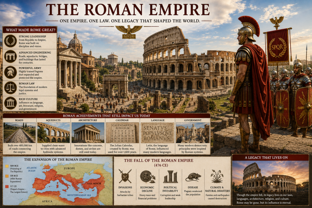 Roman Empire featuring the Colosseum, Roman soldiers, roads, aqueducts, and Roman architecture.