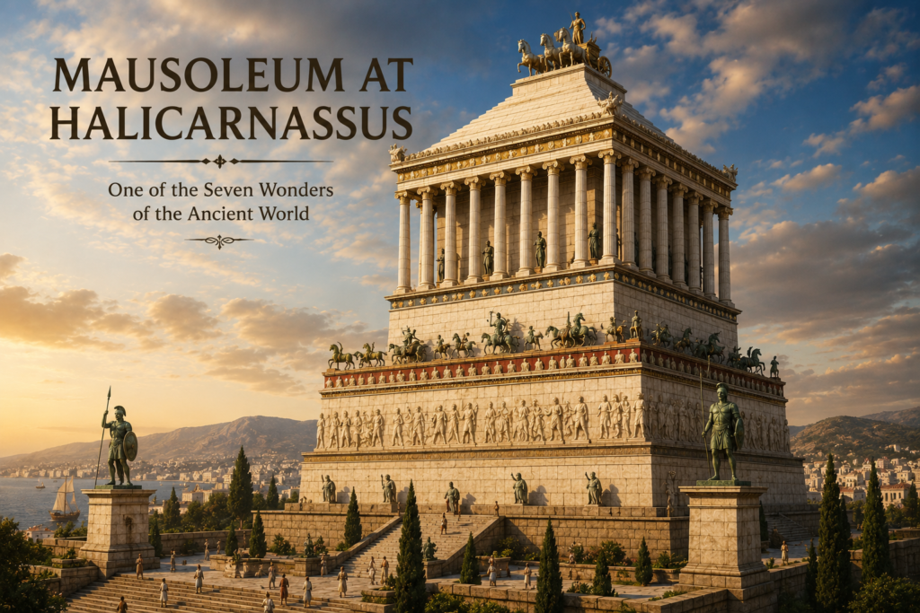 Mausoleum at Halicarnassus, one of the remarkable Seven Wonders of the Ancient World, featuring an elaborate marble tomb with magnificent sculptures.