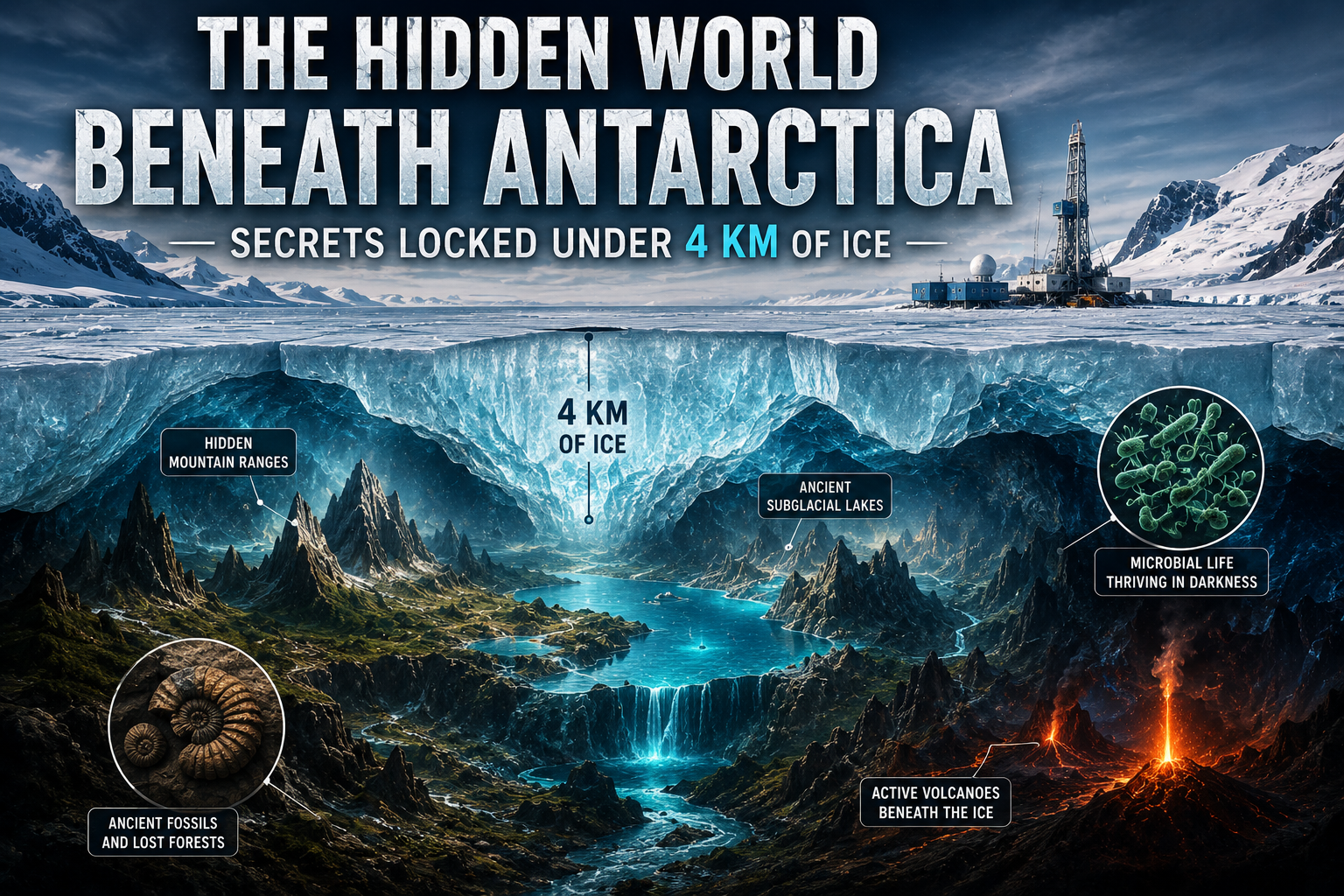 Hidden World Beneath Antarctica showing ancient lakes, hidden mountains, microbial life, volcanoes, and fossils beneath 4 km of ice
