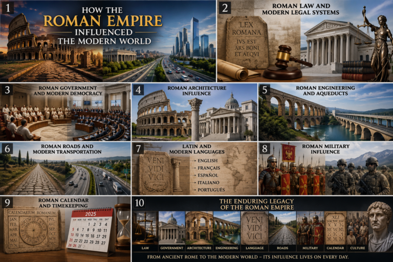 Roman Empire influenced the modern world through law, government, architecture, engineering, roads, and culture