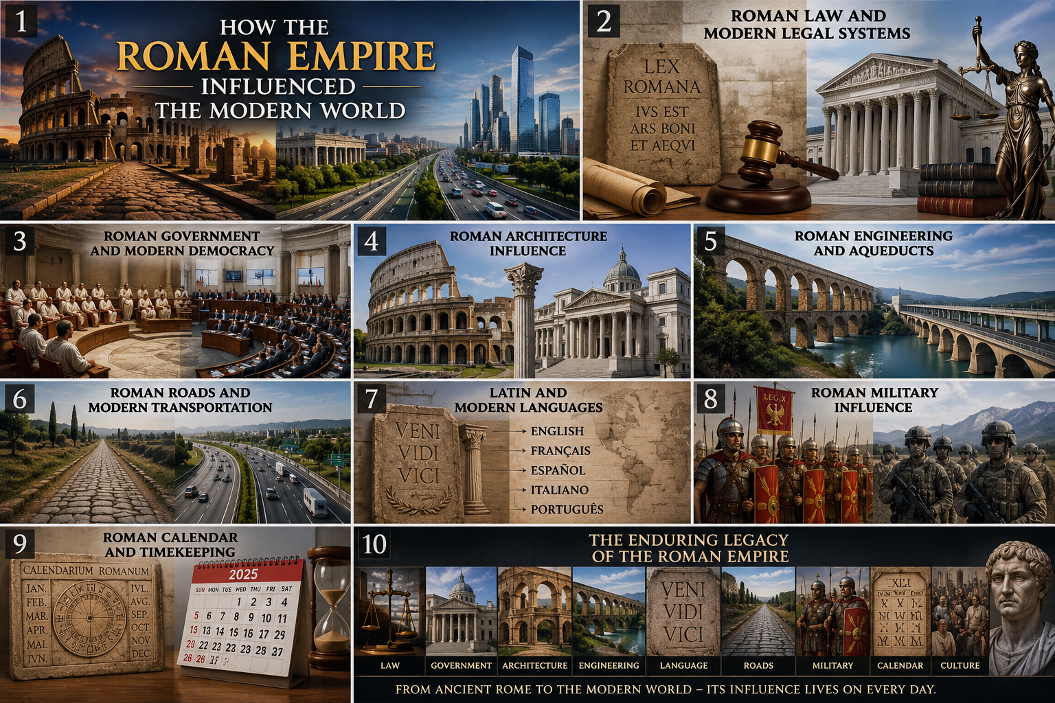 Roman Empire influenced the modern world through law, government, architecture, engineering, roads, and culture