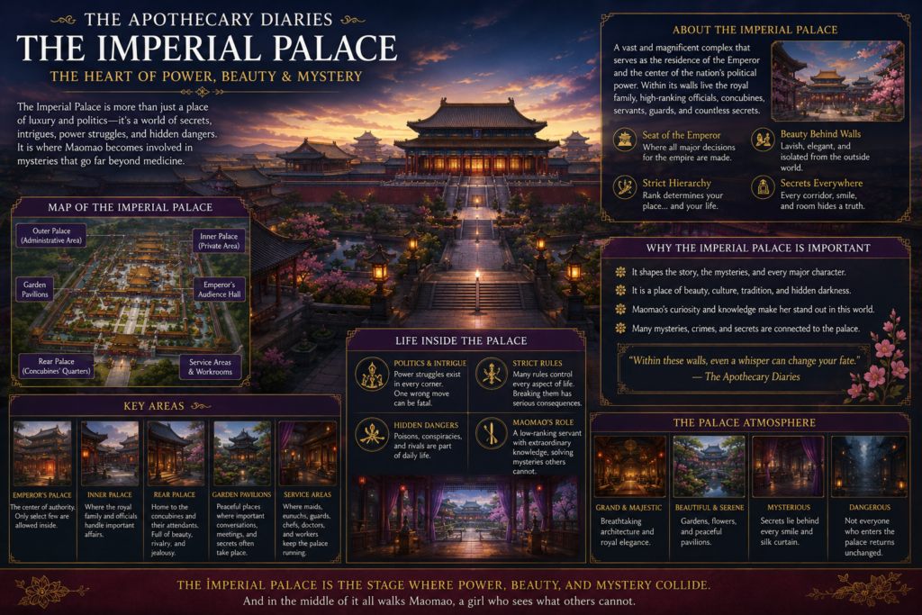 The Imperial Palace in The Apothecary Diaries featuring the royal palace, inner court, gardens, audience halls, and the setting where Maomao investigates mysteries and palace intrigues.