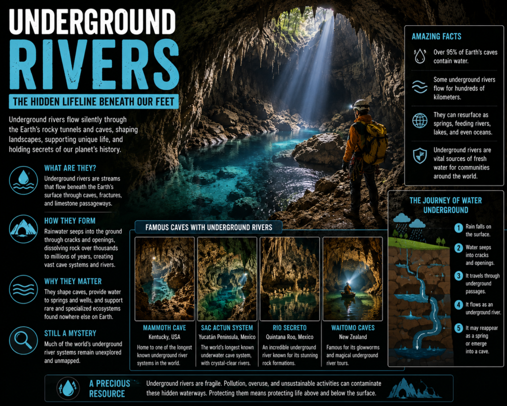 Crystal-clear underground river flowing through a massive cave with limestone formations and an explorer discovering one of Earth's hidden waterways.