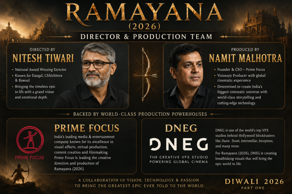Ramayana (2026) director Nitesh Tiwari, producer Namit Malhotra, and the production team including Prime Focus and DNEG behind the epic mythological film.
