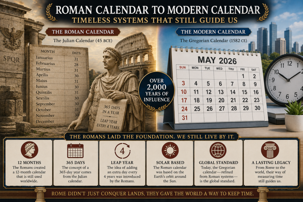 Roman calendar and timekeeping influencing the modern calendar system used around the world