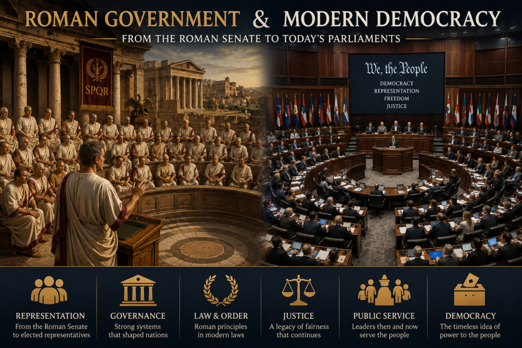 Roman government and the Roman Senate influencing modern democracy, parliaments, and systems of governance