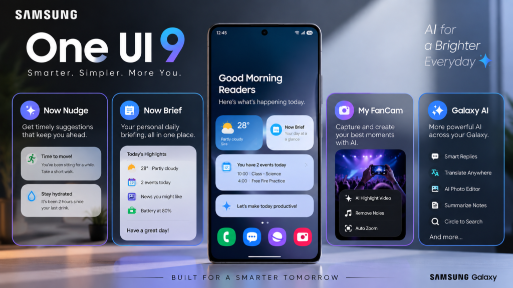 Samsung One UI 9 Galaxy AI features including Now Nudge and Now Brief