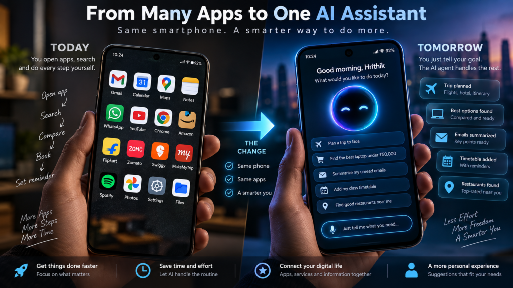 Comparison showing a smartphone using multiple apps today versus an AI assistant completing tasks tomorrow