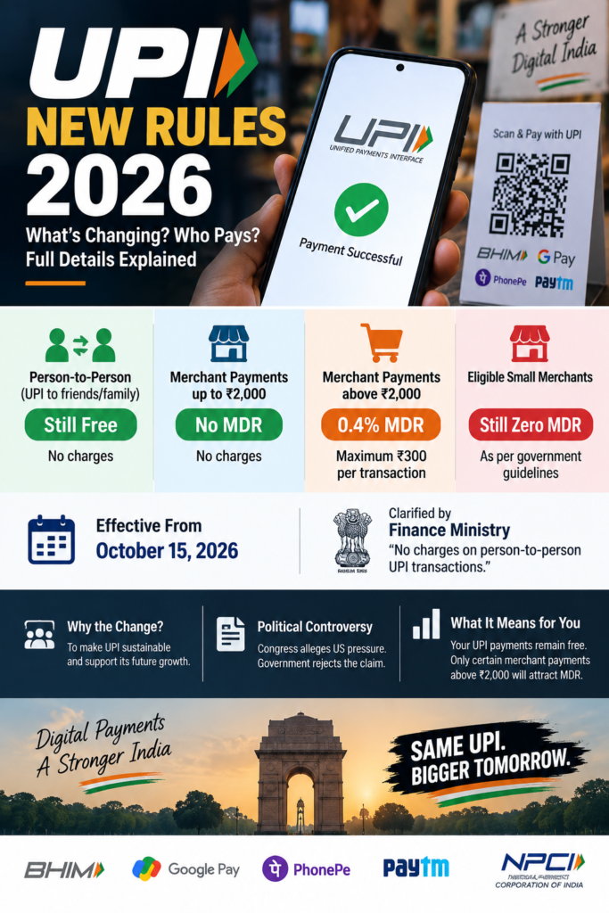 UPI new rules 2026 infographic showing ₹2,000 rule and 0.4% MDR