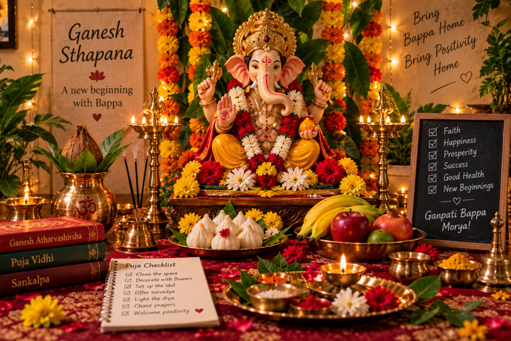 Ganesh Sthapana puja setup with Lord Ganesha idol, flowers and diyas