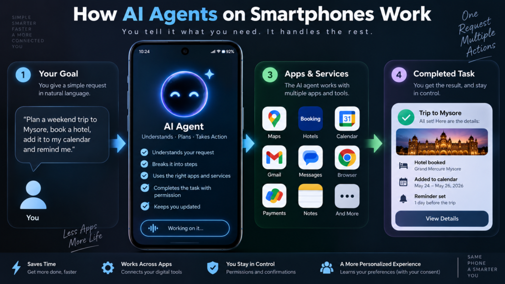 Infographic showing how AI agents on smartphones understand requests and complete tasks across apps