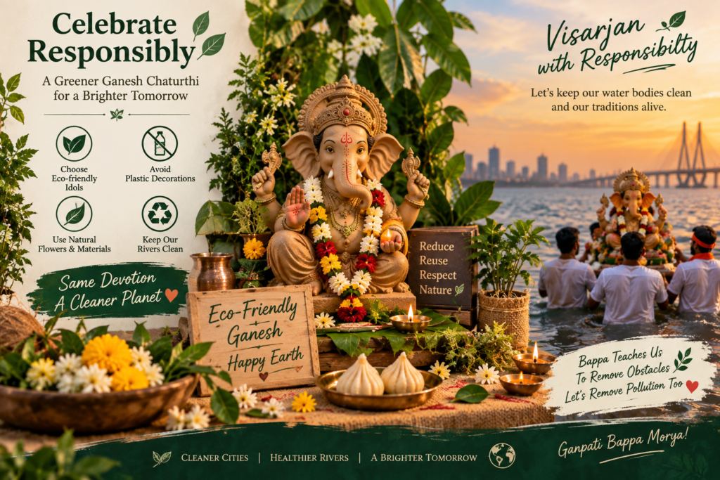 Eco-friendly Ganesh Chaturthi celebration with clay Ganesha idol and natural decorations
