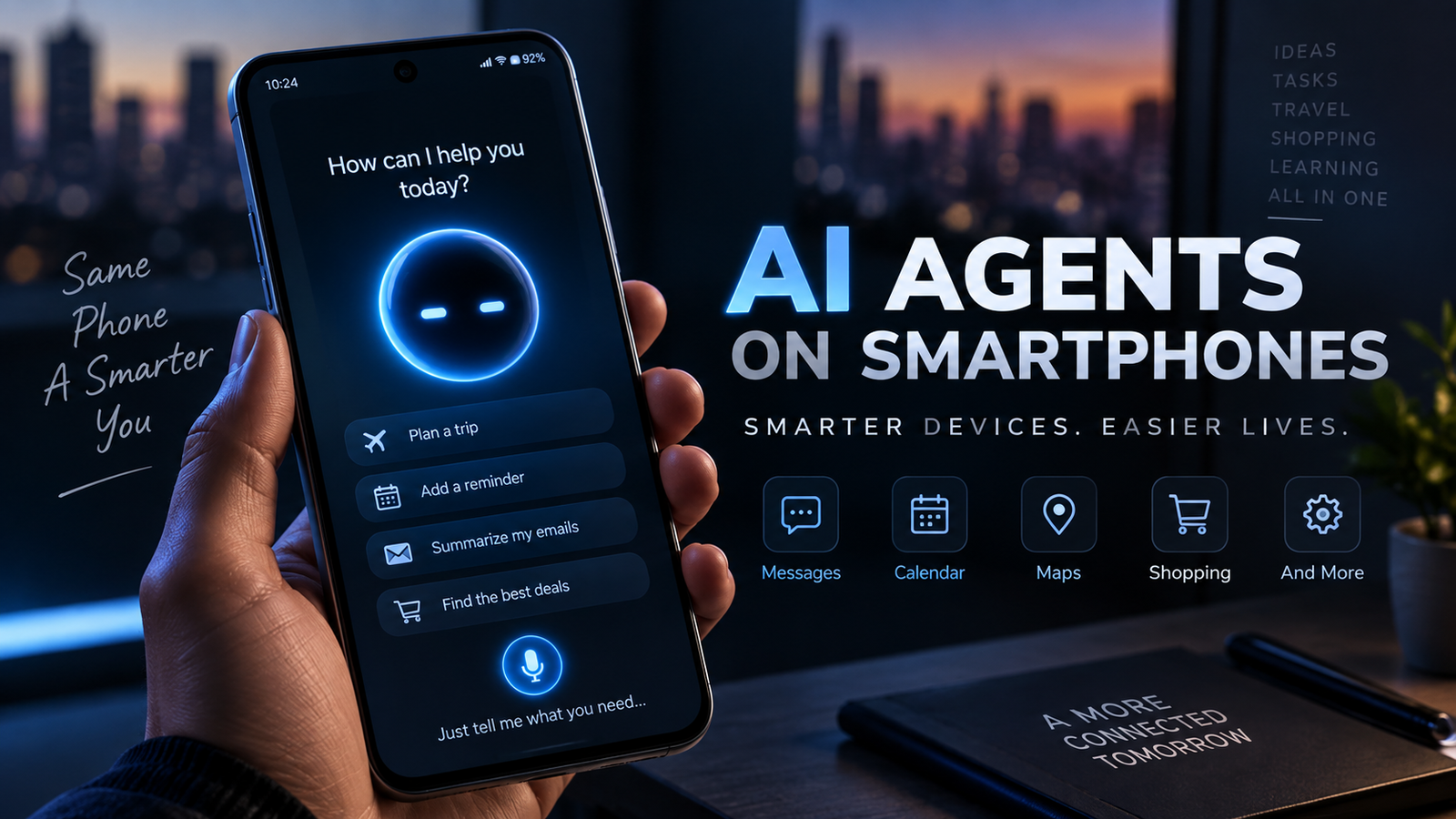 AI agents on smartphones helping users manage tasks through a smart AI assistant