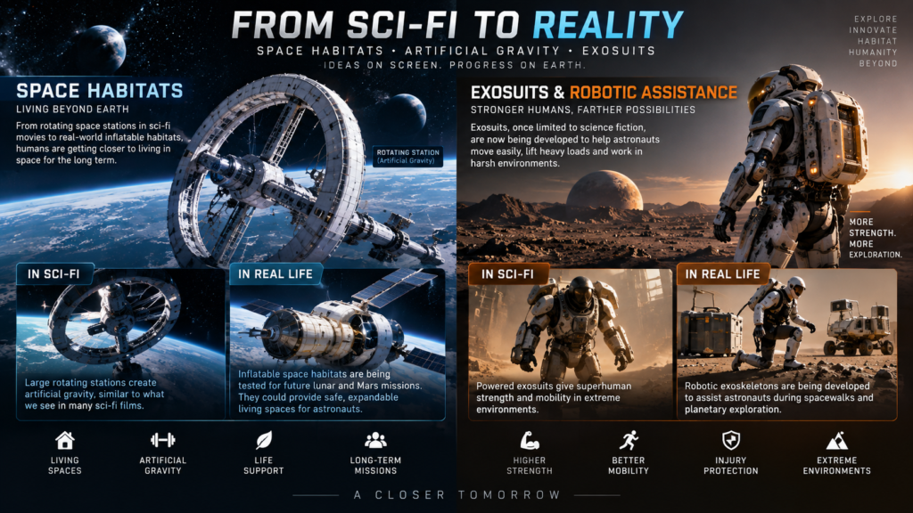 sci-fi technologies including space habitats artificial gravity and robotic exosuits